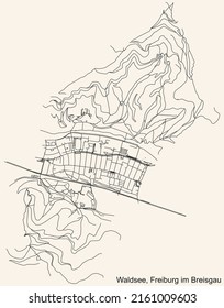 Detailed navigation black lines urban street roads map of the WALDSEE DISTRICT of the German regional capital city of Freiburg im Breisgau, Germany on vintage beige background