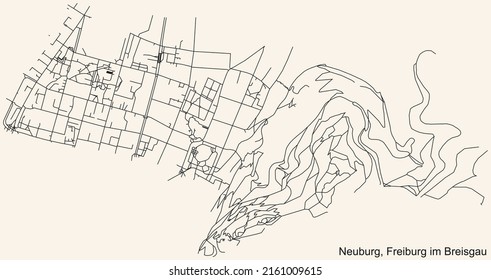 Detailed navigation black lines urban street roads map of the NEUBURG DISTRICT of the German regional capital city of Freiburg im Breisgau, Germany on vintage beige background