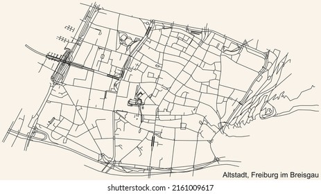 Detailed navigation black lines urban street roads map of the ALTSTADT DISTRICT of the German regional capital city of Freiburg im Breisgau, Germany on vintage beige background