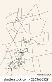Detailed navigation black lines urban street roads map of the WALLICHEN DISTRICT of the German regional capital city of Erfurt, Germany on vintage beige background