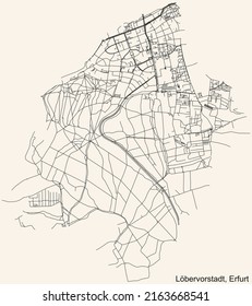 Detailed navigation black lines urban street roads map of the LÖBERVORSTADT DISTRICT of the German regional capital city of Erfurt, Germany on vintage beige background