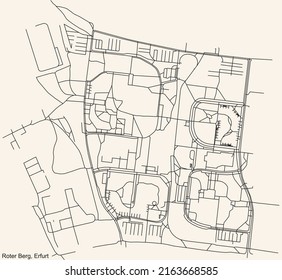 Detailed navigation black lines urban street roads map of the ROTER BERG DISTRICT of the German regional capital city of Erfurt, Germany on vintage beige background