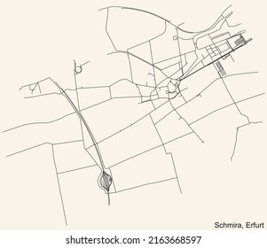 Detailed navigation black lines urban street roads map of the SCHMIRA DISTRICT of the German regional capital city of Erfurt, Germany on vintage beige background