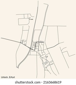 Detailed navigation black lines urban street roads map of the URBICH DISTRICT of the German regional capital city of Erfurt, Germany on vintage beige background