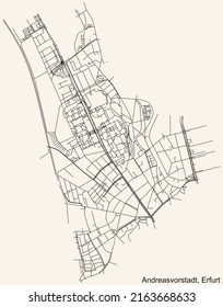 Detailed navigation black lines urban street roads map of the ANDREASVORSTADT DISTRICT of the German regional capital city of Erfurt, Germany on vintage beige background