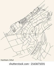 Detailed navigation black lines urban street roads map of the HOCHHEIM DISTRICT of the German regional capital city of Erfurt, Germany on vintage beige background