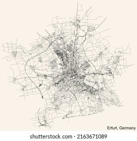 Detailed navigation black lines urban street roads map of the German regional capital city of ERFURT, GERMANY on vintage beige background