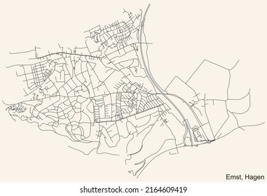 Detailed navigation black lines urban street roads map of the EMST BOROUGH of the German regional capital city of Hagen, Germany on vintage beige background