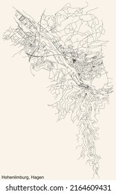Detailed navigation black lines urban street roads map of the HOHENLIMBURG DISTRICT of the German regional capital city of Hagen, Germany on vintage beige background