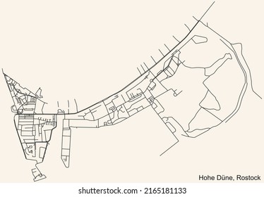 Detaillierte Navigation mit schwarzen Linien Stadtstraßen Karte des HOHE DÜNE DISTRICT der deutschen Landeshauptstadt Rostock auf beigem Hintergrund