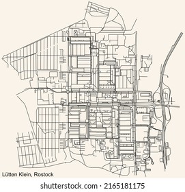 Detaillierte Navigation mit schwarzen Linien Stadtstraßen Karte des LÜTTEN KLEIN DISTRICT der deutschen Landeshauptstadt Rostock auf beigem Hintergrund