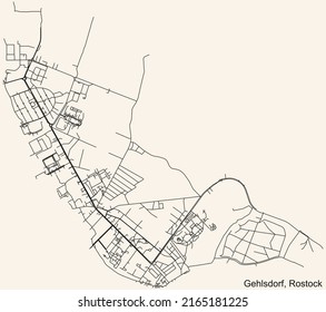 Detailed navigation black lines urban street roads map of the GEHLSDORF DISTRICT of the German regional capital city of Rostock, Germany on vintage beige background