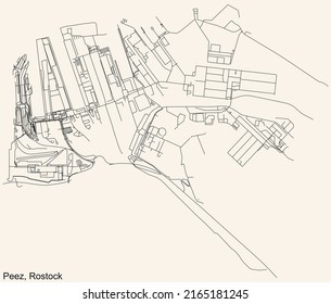 Detailed navigation black lines urban street roads map of the PEEZ DISTRICT of the German regional capital city of Rostock, Germany on vintage beige background