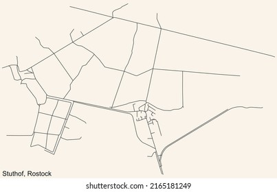 Detailed navigation black lines urban street roads map of the STUTHOF DISTRICT of the German regional capital city of Rostock, Germany on vintage beige background