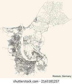 Detailed navigation black lines urban street roads map of the German regional capital city of ROSTOCK, GERMANY on vintage beige background