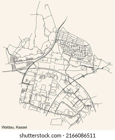 Detailed navigation black lines urban street roads map of the WALDAU DISTRICT of the German regional capital city of Kassel, Germany on vintage beige background