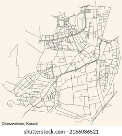 Detailed navigation black lines urban street roads map of the OBERZWEHREN DISTRICT of the German regional capital city of Kassel, Germany on vintage beige background