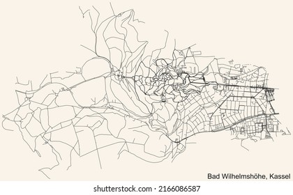 Detailed navigation black lines urban street roads map of the BAD WILHELMSHÖHE DISTRICT of the German regional capital city of Kassel, Germany on vintage beige background