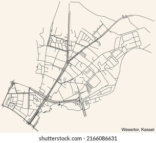 Detailed navigation black lines urban street roads map of the WESERTOR DISTRICT of the German regional capital city of Kassel, Germany on vintage beige background