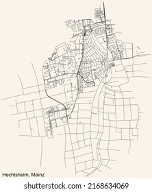 Detailed navigation black lines urban street roads map of the HECHTSHEIM DISTRICT of the German regional capital city of Mainz, Germany on vintage beige background