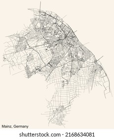 Detailed navigation black lines urban street roads map of the German regional capital city of MAINZ, GERMANY on vintage beige background