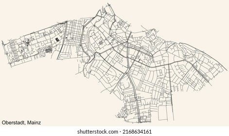 Mapa detallado de las líneas negras de navegación en las calles urbanas del DISTRITO OBERSTADT de la capital regional alemana de Mainz, Alemania sobre fondo beige vintage