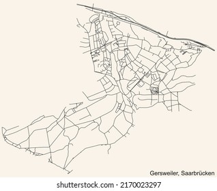 Detailed navigation black lines urban street roads map of the GERSWEILER DISTRICT of the German regional capital city of Saarbrucken, Germany on vintage beige background