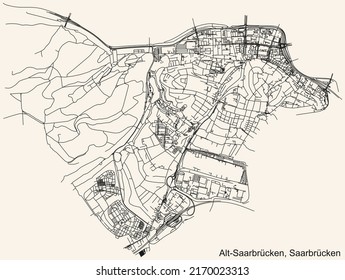 Detailed navigation black lines urban street roads map of the ALT-SAARBRÜCKEN DISTRICT of the German regional capital city of Saarbrucken, Germany on vintage beige background