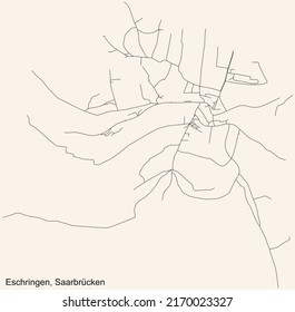 Detailed navigation black lines urban street roads map of the ESCHRINGEN DISTRICT of the German regional capital city of Saarbrucken, Germany on vintage beige background