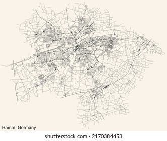 Detailed navigation black lines urban street roads map of the German regional capital city of HAMM, GERMANY on vintage beige background