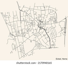 Mapa detallado de las líneas negras de navegación en las calles urbanas del DISTRITO EICKEL de la capital regional alemana Herne, Alemania sobre el fondo beige vintage