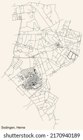 Detailed navigation black lines urban street roads map of the SODINGEN DISTRICT of the German regional capital city of Herne, Germany on vintage beige background