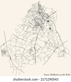 Detailed navigation black lines urban street roads map of the SAARN DISTRICT of the German regional city of Mulheim an der Ruhr, Germany on vintage beige background