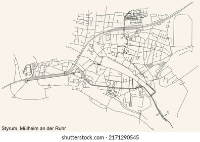 Detailed navigation black lines urban street roads map of the STYRUM DISTRICT of the German regional city of Mulheim an der Ruhr, Germany on vintage beige background