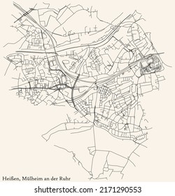 Detailed navigation black lines urban street roads map of the HEISSEN DISTRICT of the German regional city of Mulheim an der Ruhr, Germany on vintage beige background