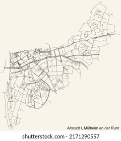 Detailed navigation black lines urban street roads map of the ALTSTADT I DISTRICT of the German regional city of Mulheim an der Ruhr, Germany on vintage beige background