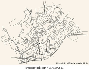 Detailed navigation black lines urban street roads map of the ALTSTADT II DISTRICT of the German regional city of Mulheim an der Ruhr, Germany on vintage beige background