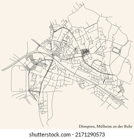 Detailed navigation black lines urban street roads map of the DÜMPTEN DISTRICT of the German regional city of Mulheim an der Ruhr, Germany on vintage beige background