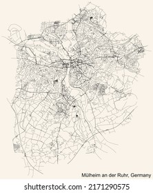 Detailed navigation black lines urban street roads map of the German regional city of MÜLHEIM AN DER RUHR, GERMANY on vintage beige background