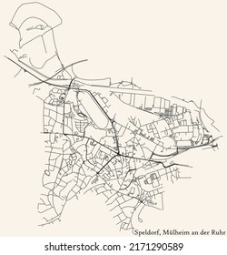 Detailed navigation black lines urban street roads map of the SPELDORF DISTRICT of the German regional city of Mulheim an der Ruhr, Germany on vintage beige background