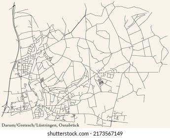 Detailed navigation black lines urban street roads map of the DARUM-GRETESCH-LÜSTRINGEN DISTRICT of the German regional capital city of Osnabrück, Germany on vintage beige background