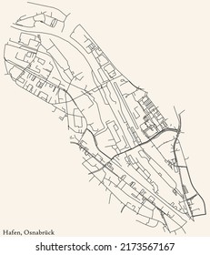 Detaillierte Navigation mit schwarzen Linien Stadtstraßen Karte des HAFEN DISTRICT der deutschen Landeshauptstadt Osnabrück auf beigem Hintergrund