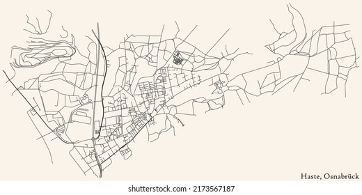 Detailed navigation black lines urban street roads map of the HASTE DISTRICT of the German regional capital city of Osnabrück, Germany on vintage beige background