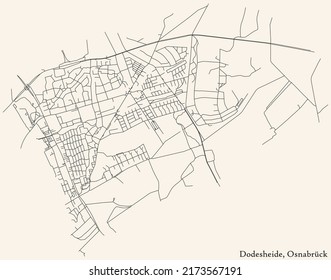 Detailed navigation black lines urban street roads map of the DODESHEIDE DISTRICT of the German regional capital city of Osnabrück, Germany on vintage beige background