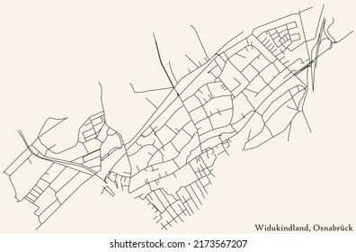 Detailed navigation black lines urban street roads map of the WIDUKINDLAND DISTRICT of the German regional capital city of Osnabrück, Germany on vintage beige background
