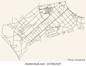 Detailed navigation black lines urban street roads map of the WÜSTE DISTRICT of the German regional capital city of Osnabrück, Germany on vintage beige background