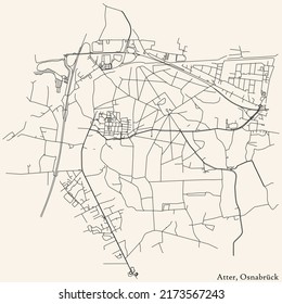 Detailed navigation black lines urban street roads map of the ATTER DISTRICT of the German regional capital city of Osnabrück, Germany on vintage beige background