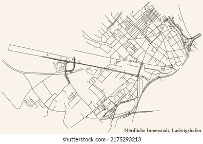 Detailed navigation black lines urban street roads map of the NÖRDLICHE INNENSTADT DISTRICT of the German regional capital city of Ludwigshafen am Rhein, Germany on vintage beige background