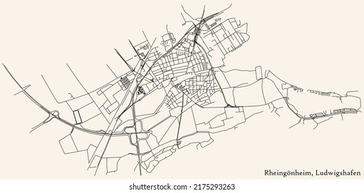 Detailed navigation black lines urban street roads map of the RHEINGÖNHEIM DISTRICT of the German regional capital city of Ludwigshafen am Rhein, Germany on vintage beige background