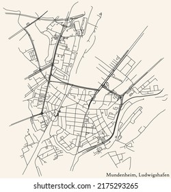 Detailed navigation black lines urban street roads map of the MUNDENHEIM DISTRICT of the German regional capital city of Ludwigshafen am Rhein, Germany on vintage beige background